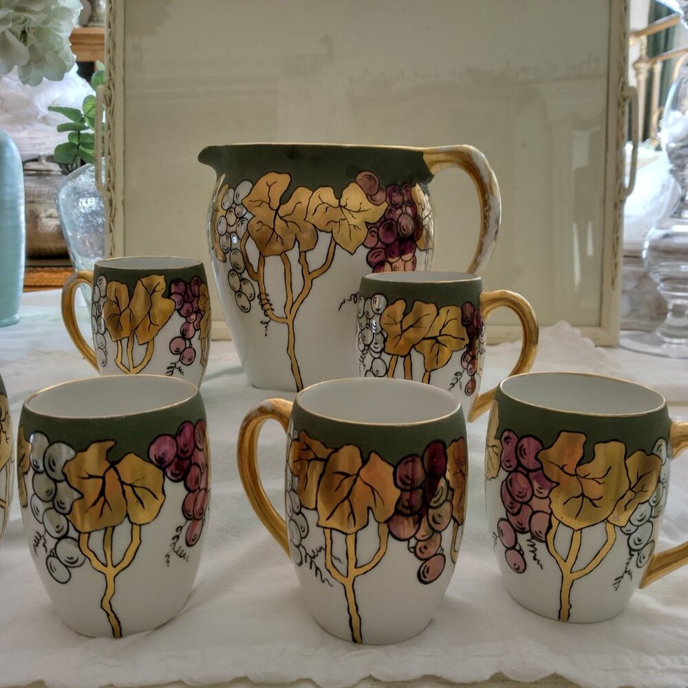 Antique art nouveau, Limoges France, pitcher & cups/mugs (6)grapes, gold, silver